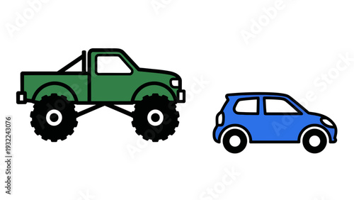 Green monster truck and blue compact car side by side, vector illustration, flat design, comparison concept, automotive graphic