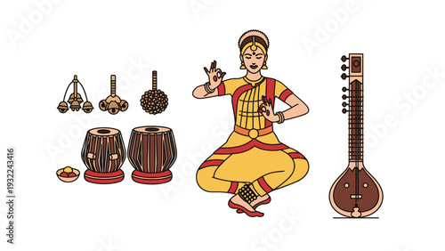 Indian Classical Dancer Performing Kathak with Traditional Instruments: Tabla, Sitar, and Bells - Vector Illustration for Cultural Events and Education