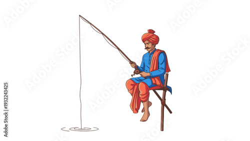 Indian Fisherman Sitting on Chair Fishing Rod in Water Vector Illustration Rural Lifestyle Hobby