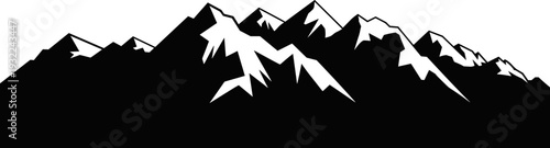 Snowy mountain range silhouette panorama, black and white alpine peaks landscape illustration isolated on white background vector