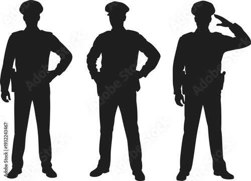 Three police officer silhouettes in uniform with salute gesture, law enforcement authority figures isolated on white background illustration
