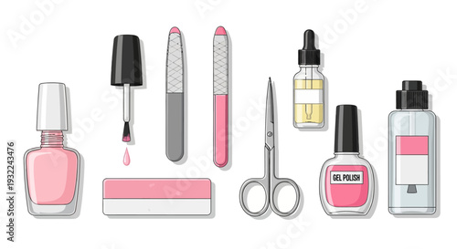 Professional Manicure and Pedicure Tools Illustration Set with Pink Nail Polish, Gel Polish Bottle, Scissors, Nail Files, and Cuticle Oil on a White Background.