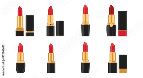 Set of red lipstick tubes in black and gold luxury packaging. Various shapes and designs of lip gloss and cosmetic products for beauty and fashion makeup art.