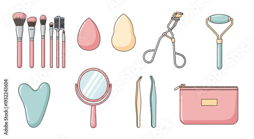 Set of Vector Illustrations for Makeup and Skincare Beauty Tools including Brushes, Sponges, Eyelash Curler, Jade Roller, Gua Sha, Mirror, and Pink Cosmetic Bag.