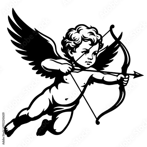 Silhouette of a little angel shooting an archery