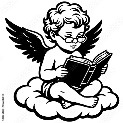 Silhouette of a little angel reading