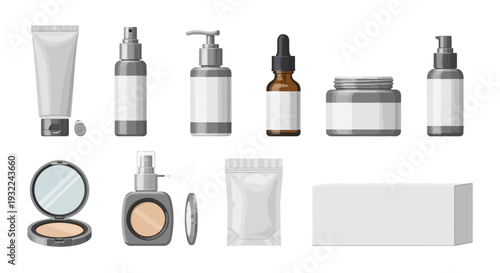 Professional Set of Realistic Cosmetic Packaging Mockups for Skin Care Branding featuring Spray Bottles, Cream Jars, Lotion Pumps, and Tubes on a White Background.