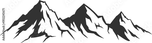 Stylized mountain range silhouette with snow peaks, black and white alpine landscape illustration isolated on white background
