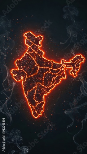 Glowing Fiery Map of India with Burning Borders and Smoke Representing Rising Global Power