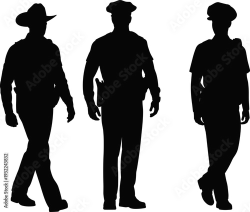 Silhouettes of police officers walking in uniform, law enforcement team figures isolated on white background illustration set
