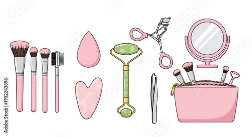 Pink Makeup Tools and Skincare Accessories Illustration Set including Brushes, Jade Roller, Gua Sha, Mirror, and Cosmetic Bag on a White Background for Women