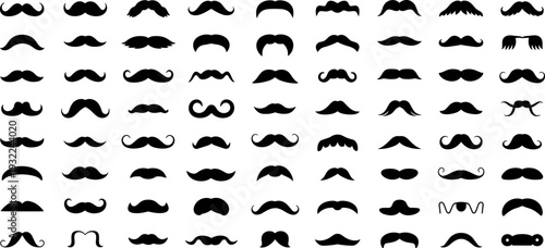 Set of mustache silhouettes vector collection, vintage hipster facial hair styles isolated on white background for barber logo design