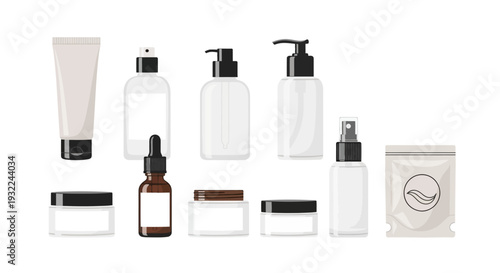 Flat vector illustration of cosmetic packaging mockups, including pump bottles, jars, cream tubes, and spray containers for beauty product branding design.