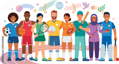 Diverse group of athletes standing together in sports attire with equipment