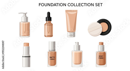Comprehensive Foundation Collection Set featuring Liquid Matte and Dewy Finish Bottles, Serum Dropper, Pump Dispenser, Tube, Cushion Compact, and Stick Makeup.