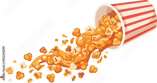Delicious popcorn spilling from striped bucket