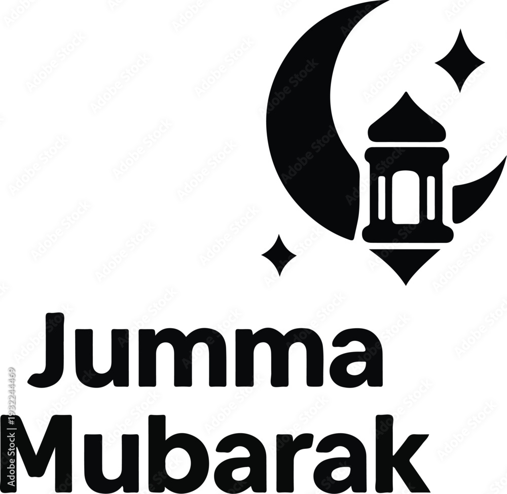 Obraz premium PriJumma Mubarak Islamic Typography Design with Crescent Moon and Mosque Silhouette Black and White Vector Illustration
