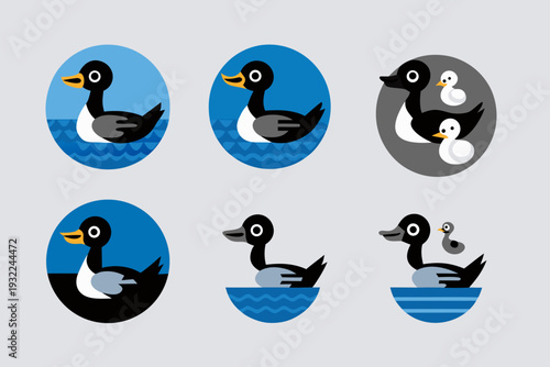 Stylized duck illustrations in varying arrangements and color schemes