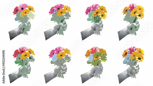 Six colorful bouquets of wildflowers held in grayscale hands