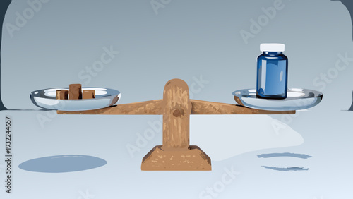 A balance scale compares a small amount of chocolate to a vial