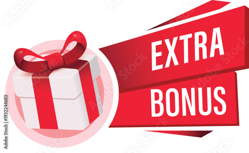 Extra Bonus label. Gift box sign template for shopping, giveaway, birthday, party, sale banners and posters. Vector illustration extra bonus banner with gift. 