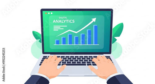 Person analyzing data on laptop with web traffic and seo growth graph on screen