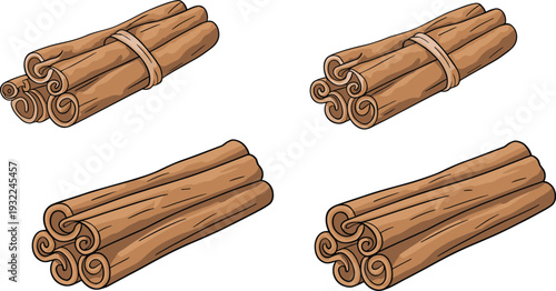 Cinnamon sticks bundle collection isolated, aromatic spice ingredient for cooking baking herbal tea flat vector illustration set