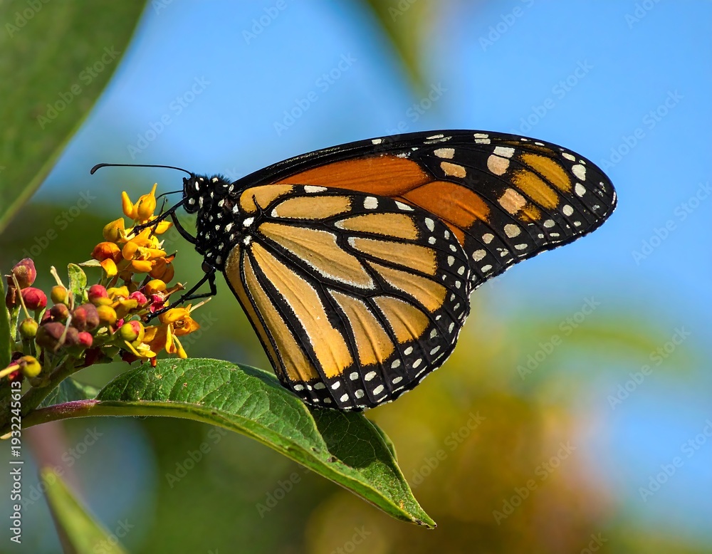 Fototapeta premium A monarch butterfly on a cluster of small yellow flowers