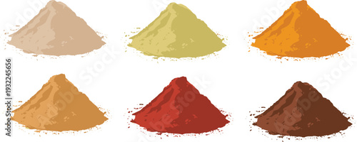 Colorful ground spice powder piles collection, turmeric paprika curry cocoa and seasoning heaps isolated flat vector illustration