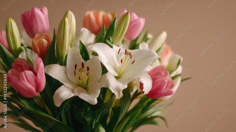 Obraz premium Close up editorial style photograph showcasing a fresh spring arrangement of white lilies and pink orange and cream tulips with soft diffused lighting on a plain beige backdrop