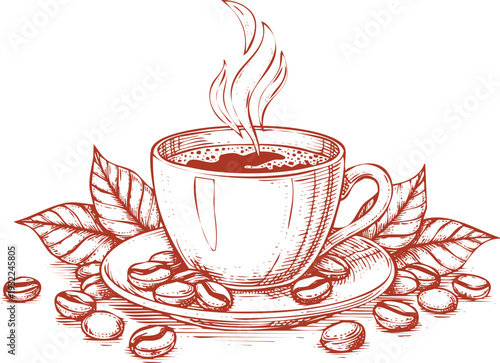 Retro engraving art of a steaming cup of coffee on a saucer with coffee beans and leaves