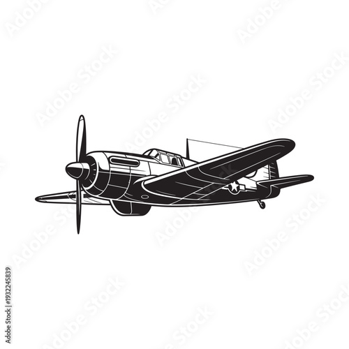 Vintage world war two fighter plane illustration in black and white