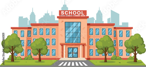 A vibrant school building illustration with trees in front of a cityscape background viewed from a straight-on perspective