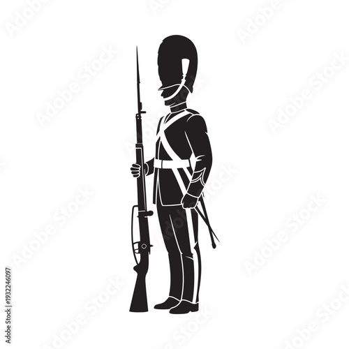 Silhouette of a british guardsman standing at attention with a rifle