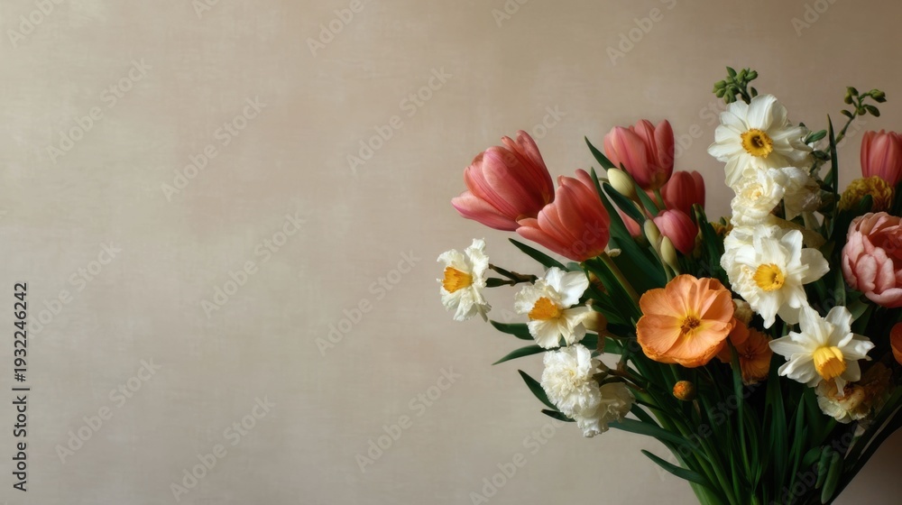 Fototapeta premium A visually appealing and fresh spring bouquet featuring a mix of vibrant pink tulips delicate white and yellow daffodils and cheerful orange ranunculus artfully arranged against a smooth