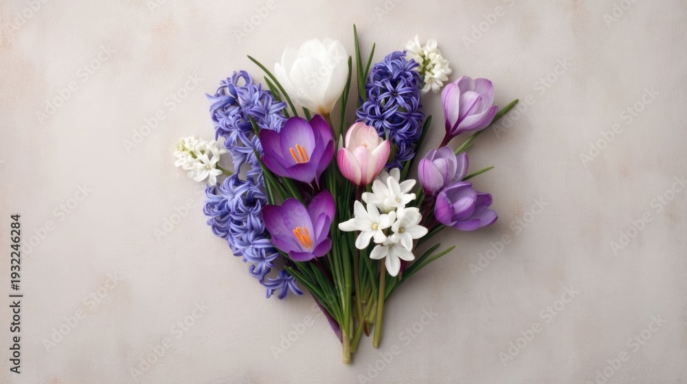 Fototapeta premium A beautiful overhead composition of assorted spring flowers purple crocuses blue hyacinths and delicate white blossoms on a subtly textured neutral surface evoking freshness and renewal