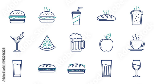 Collection of hand-drawn food and drink icons including burgers, pastries, beverages and fruits.