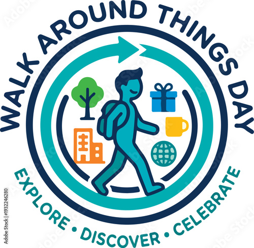 Vibrant Walk Around Things Day logo with explore discover celebrate slogan