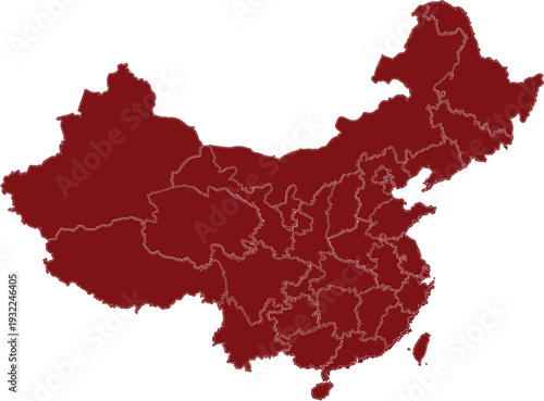 China Red Silhouette Map with Provincial Administrative Boundaries