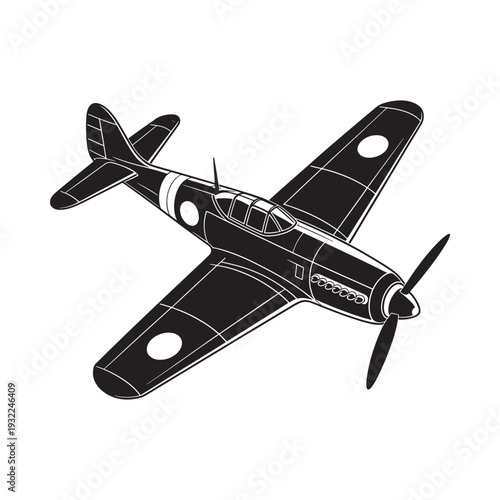 Black and white illustration of a vintage world war two fighter airplane