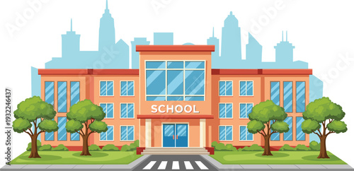 A vibrant school building with orange facade and green trees in front of a city skyline