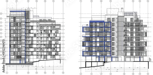 Detailed architectural blueprint of a modern high-rise building with multiple facades and grid layout