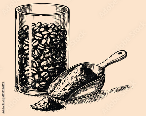 Retro engraving art, Vintage illustration of a glass jar and scoop filled with coffee beans on a table