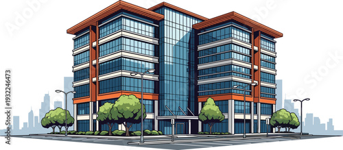 Modern office building with glass facade and orange accents standing amidst trees and streetlights on a city street