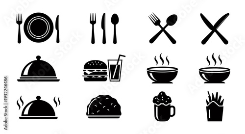 Set of dining and food icons featuring plates bowls cups cutlery and cloche silhouettes.