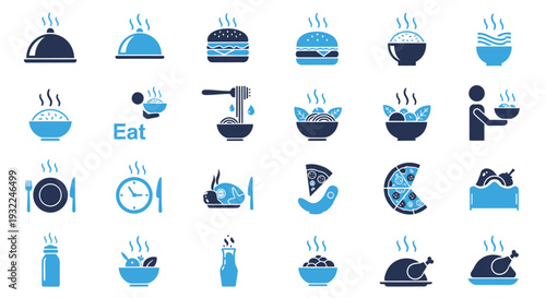 Blue line icons depicting assorted breakfast and meal items in a grid.