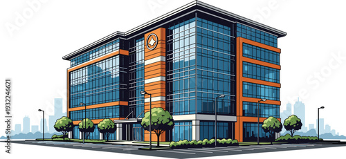Modern corporate building with sleek glass facade and orange accents viewed from a slight angle