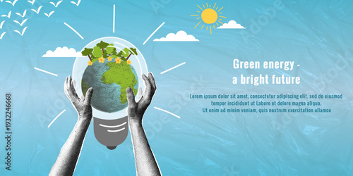 Green energy concept depicting planet Earth inside a light bulb held by human hands.Trendy halftone collage.Concept of renewable energy,sustainable development,environmental protection,and clean