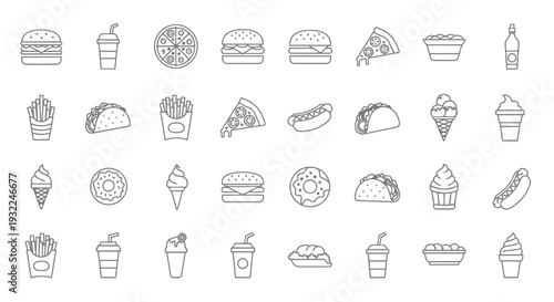 Assorted hand drawn food items and desserts collage in monochrome sketches.