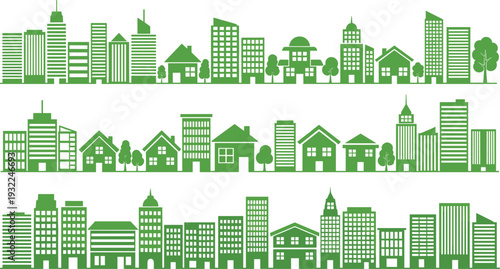 Cityscape illustrations showcasing various buildings and architecture from different viewpoints and environments in a stylized graphic representation